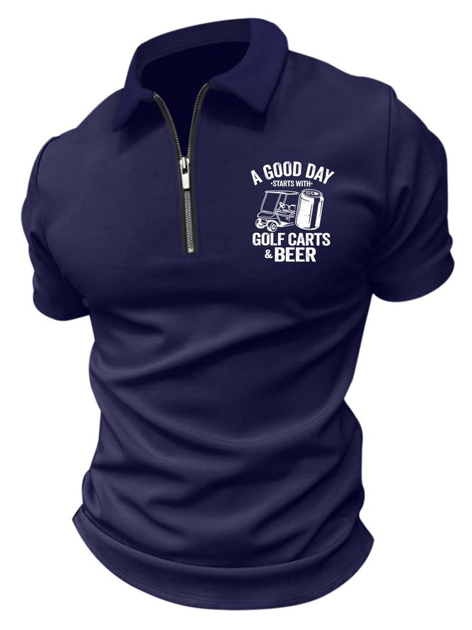 Men’s A Good Day Starts With Golf Carts & Beer Polo Collar Casual Regular Fit Text Letters Polo Shirt