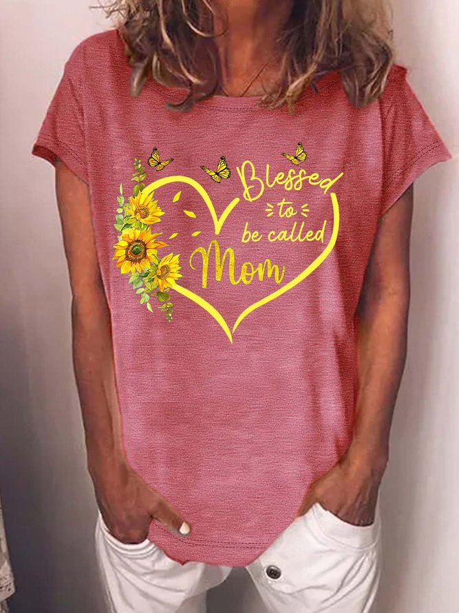 Women’s Blessed To Be Called Mom Sunflower Heart Casual Cotton T-Shirt