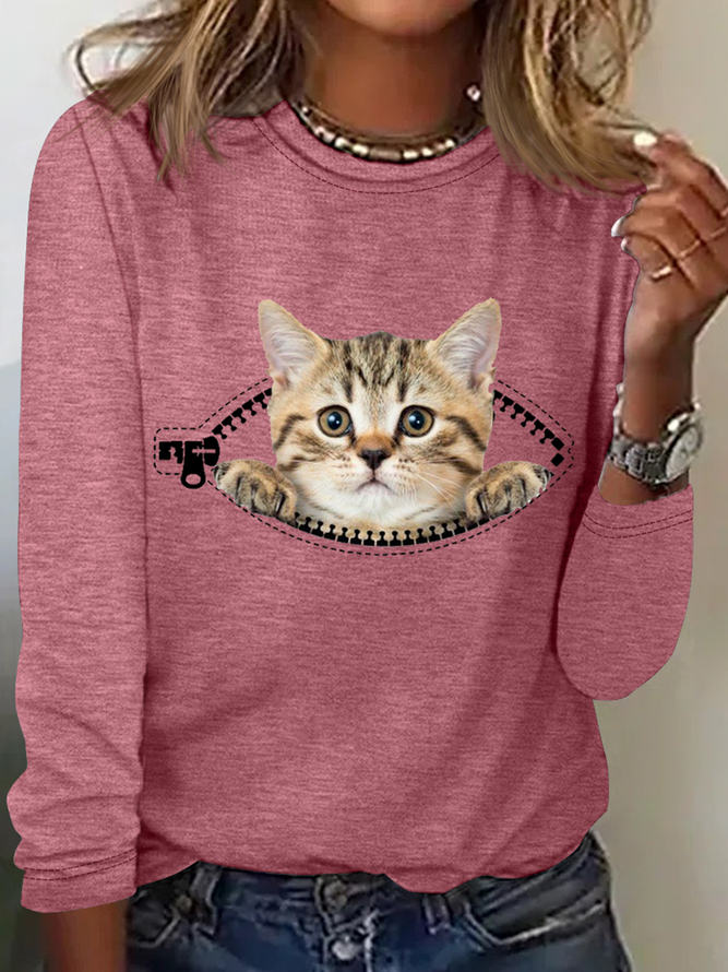 Women’s Funny Cat Simple Regular Fit Cotton-Blend Long Sleeve Shirt