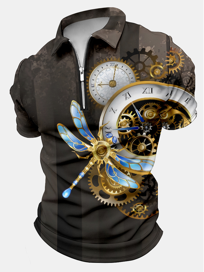Men's Watch Machinery Dragonfly Art Printing Casual Regular Fit Polo Shirt