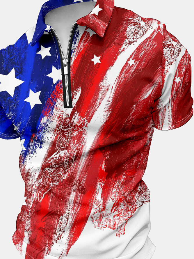 Men's Polo Collar America Flag Print Casual Polo Shirt