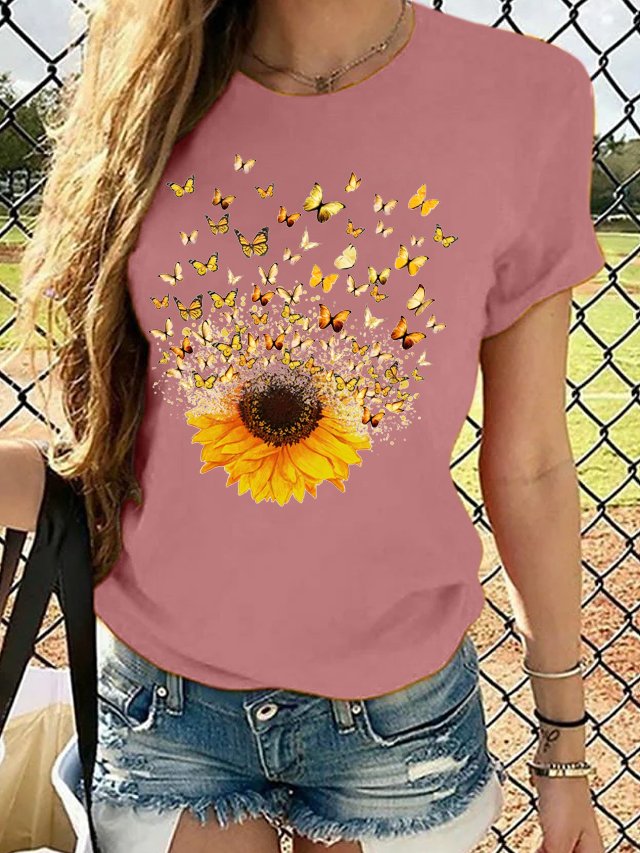 Women's Sunflower Butterfly Crew Neck Casual T-Shirt