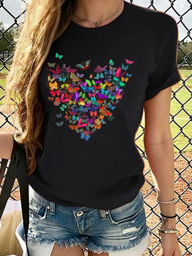 Women's Butterfly Heart Crew Neck Casual T-Shirt