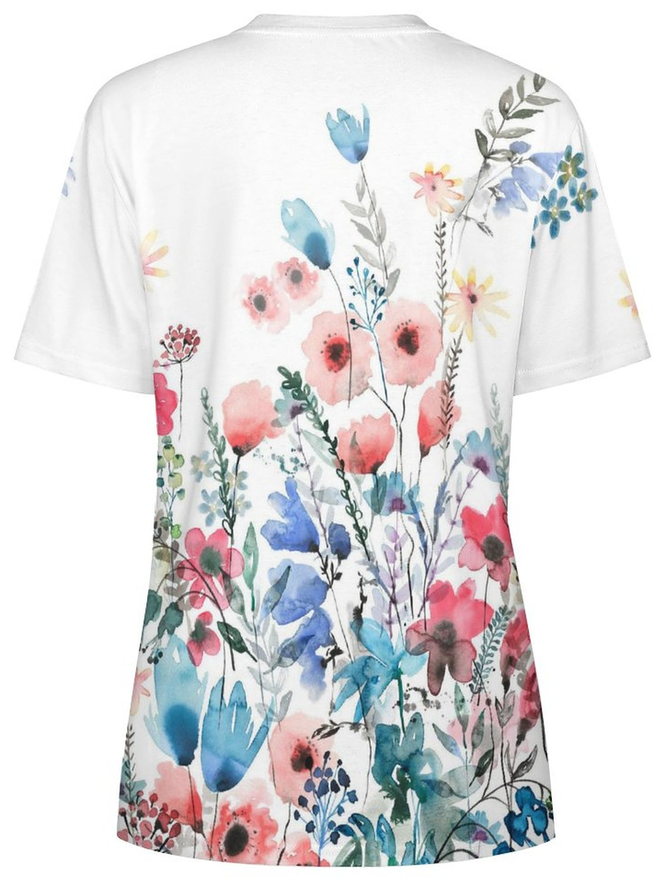 Women's Flower Print Casual Crew Neck T-Shirt