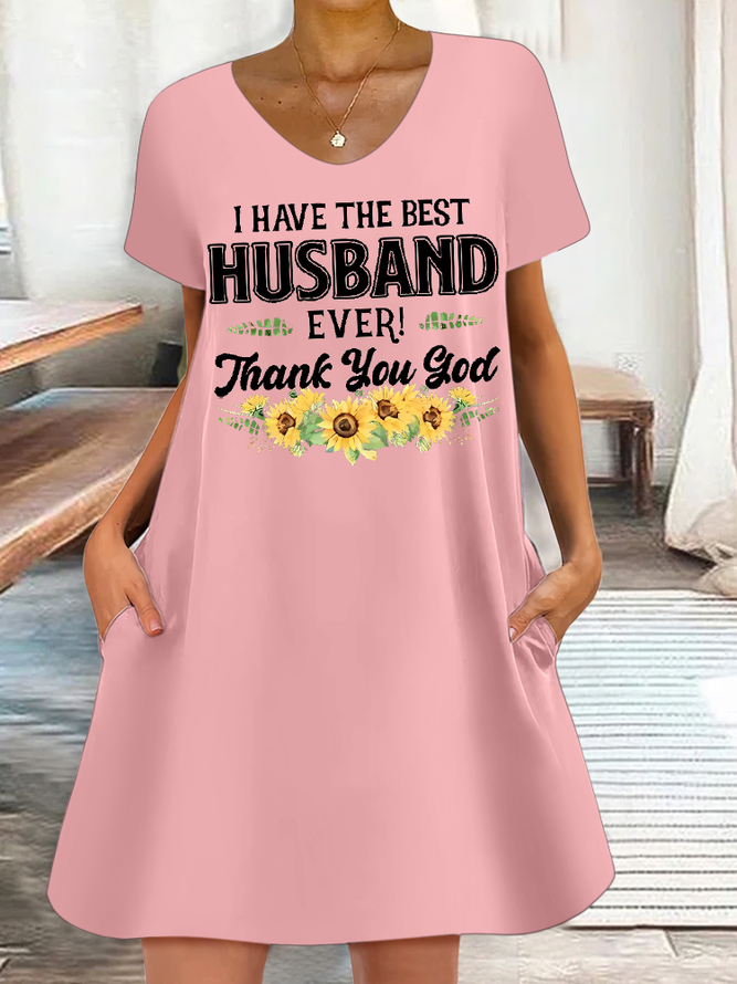 Women's Funny Word I Have The Best Husband Ever Thank You God Sunflower Loose Casual Dress