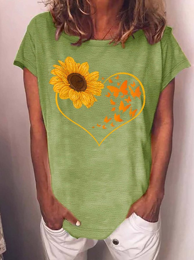Women’s Sunflower Butterflies Pattern Casual Loose Cotton Crew Neck T-Shirt