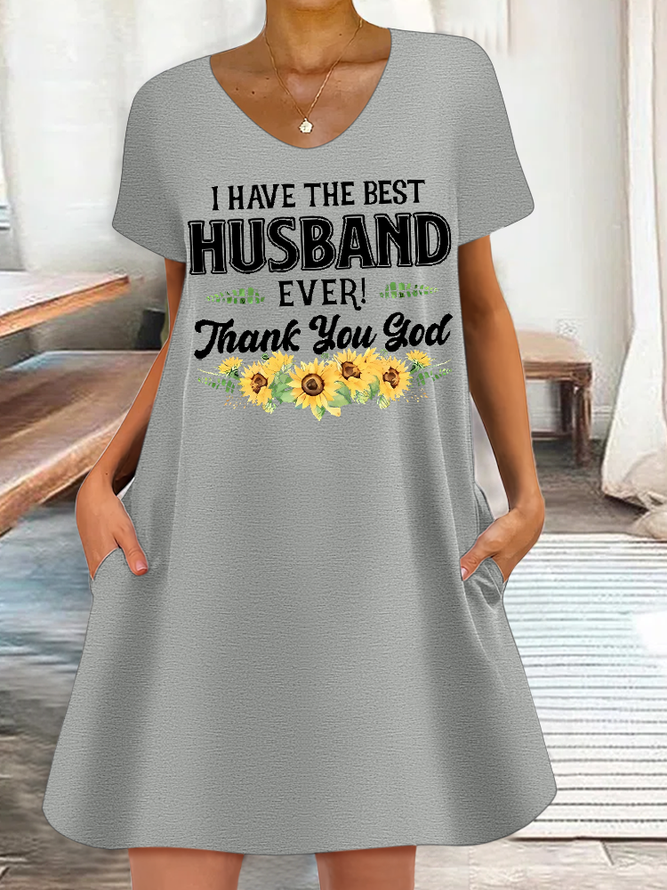 Women's Funny Word I Have The Best Husband Ever Thank You God Sunflower Loose Casual Dress