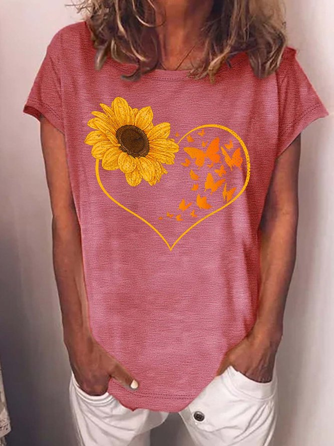 Women’s Sunflower Butterflies Pattern Casual Loose Cotton Crew Neck T-Shirt
