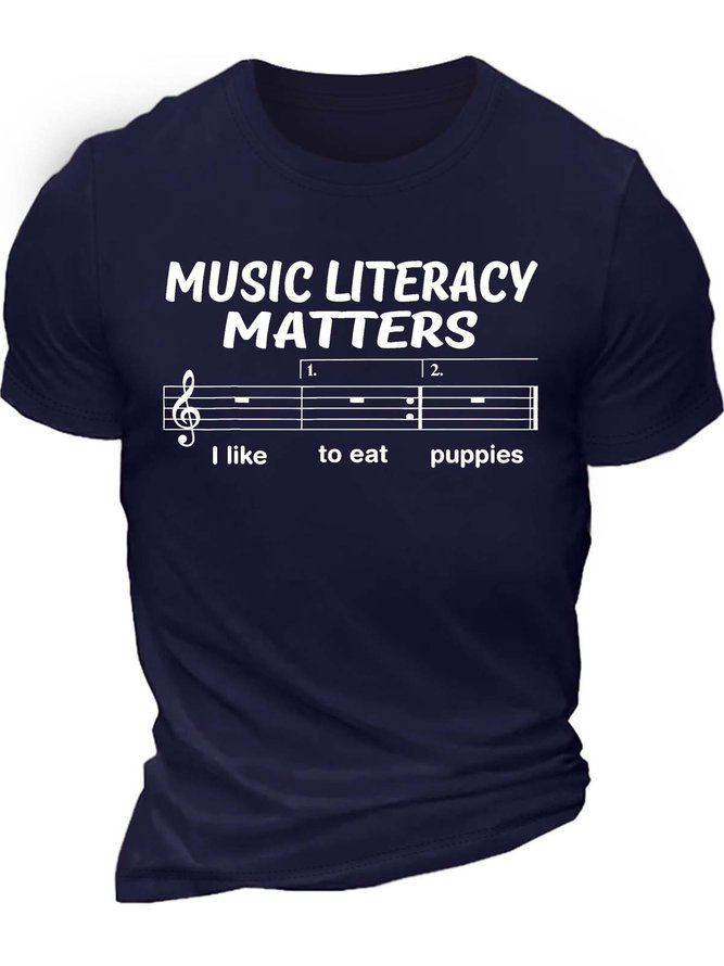 Men’s Music Literacy Matters I Like To Eat Puppies Text Letters Cotton Regular Fit Casual T-Shirt