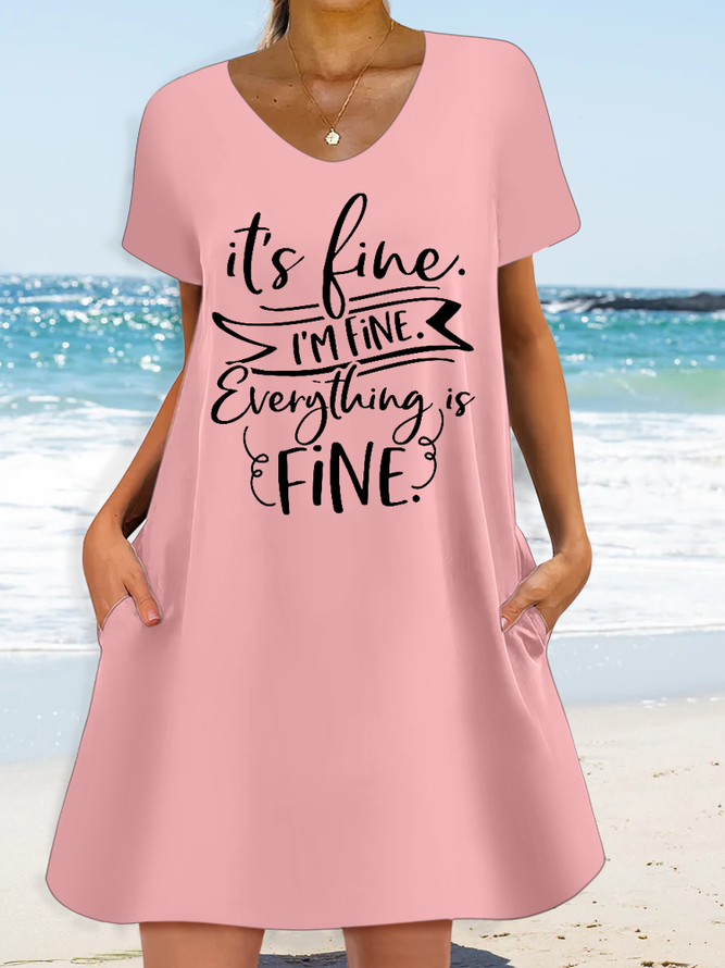 Women's Funny Word I'm Fine V Neck Casual Loose Dress