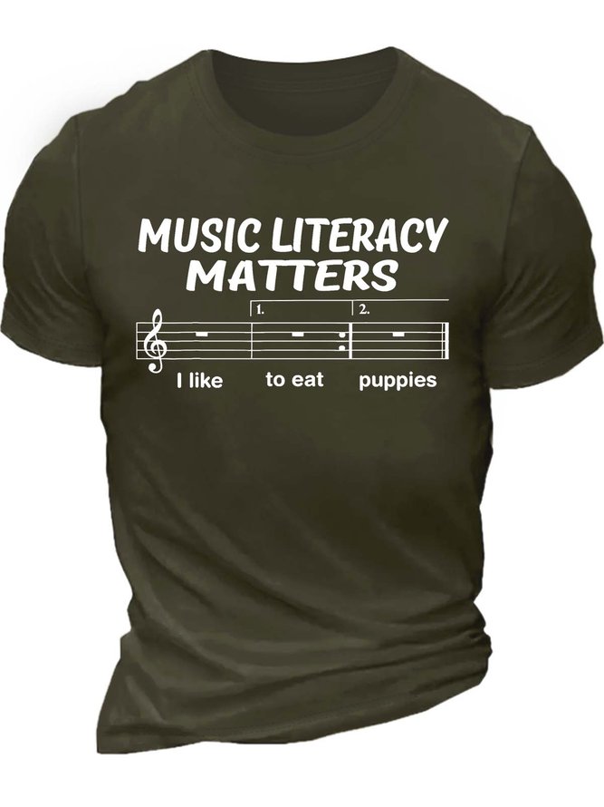 Men’s Music Literacy Matters I Like To Eat Puppies Text Letters Cotton Regular Fit Casual T-Shirt