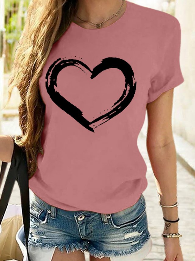 Women's Cute Heart Graphic Crewneck Cotton Casual T-Shirt
