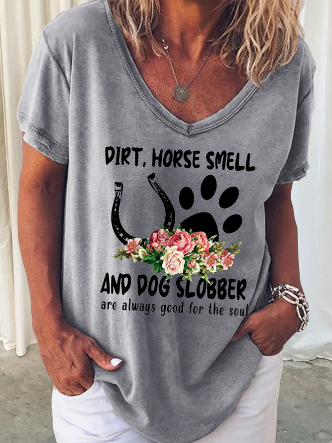 Women's Funny Horse Smell And Dog Slobber Loose Simple V Neck Shirt