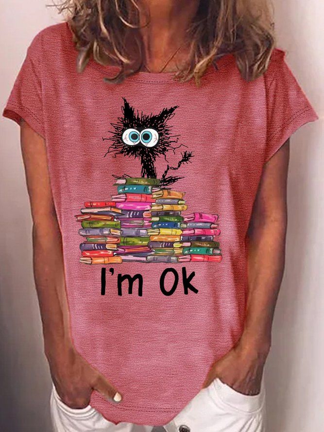 Women's Cats I'm Ok Funny Books Reading Love Cats Casual Crew Neck T-Shirt