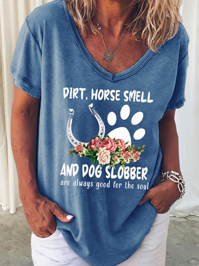 Women's Funny Horse Smell And Dog Slobber Loose Simple V Neck Shirt
