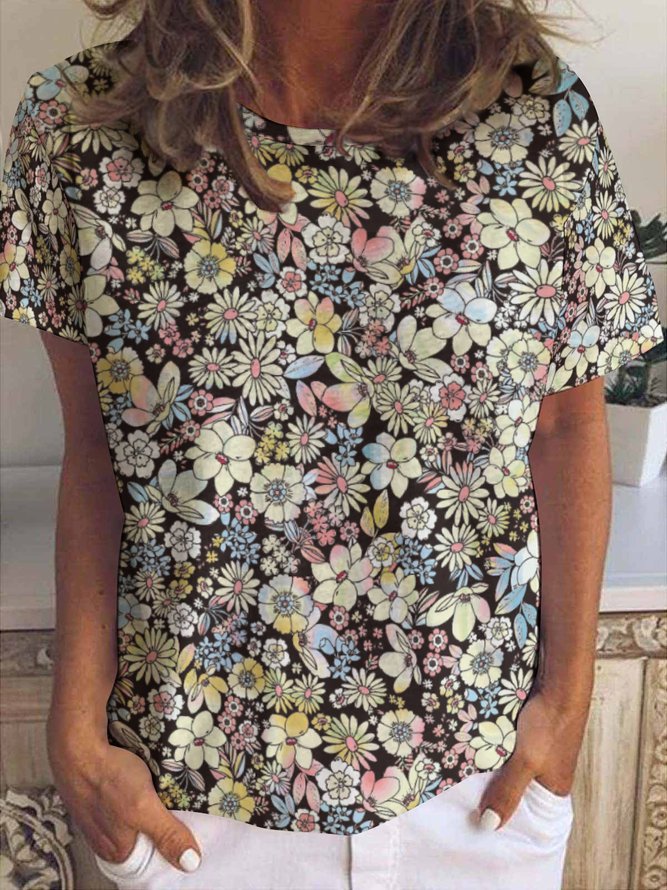Women's Floral Crew Neck Simple T-Shirt