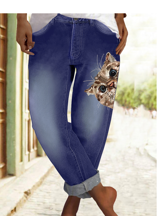 Women's Cute Cat Print Casual Jeans