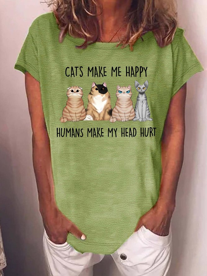 Women's Cat Make Me Happy Humans Makes My Head Hurt Funny Cat Graphic Printing Loose Text Letters Cotton-Blend Casual T-Shirt