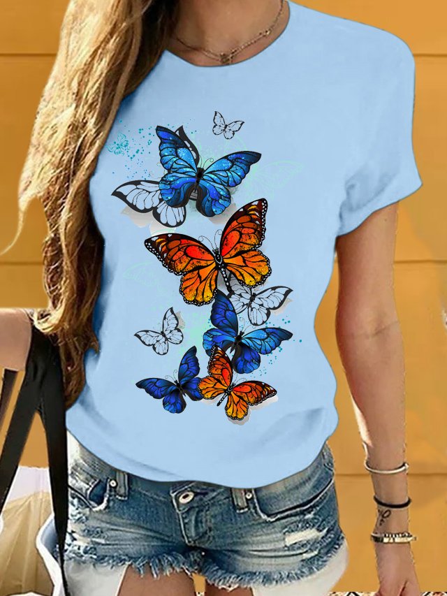 Women's Butterfly Print Cotton Casual Crew Neck T-Shirt