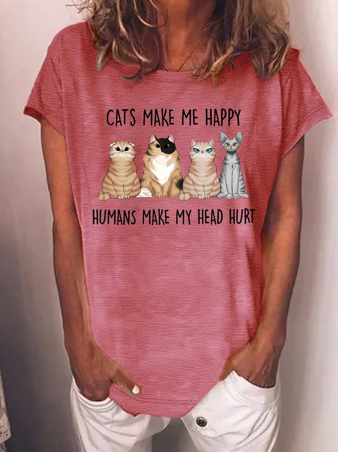 Women's Cat Make Me Happy Humans Makes My Head Hurt Funny Cat Graphic Printing Loose Text Letters Cotton-Blend Casual T-Shirt