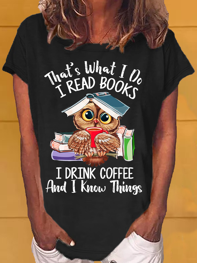 Women's Owl Coffe Book Funny Casual Letters T-Shirt