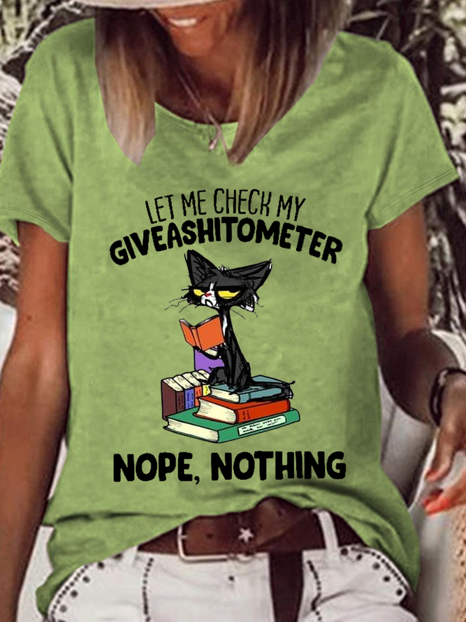 Women’s Black Cat Let Me Check My Giveashitometer Nope Nothing Reading Book Cotton T-Shirt