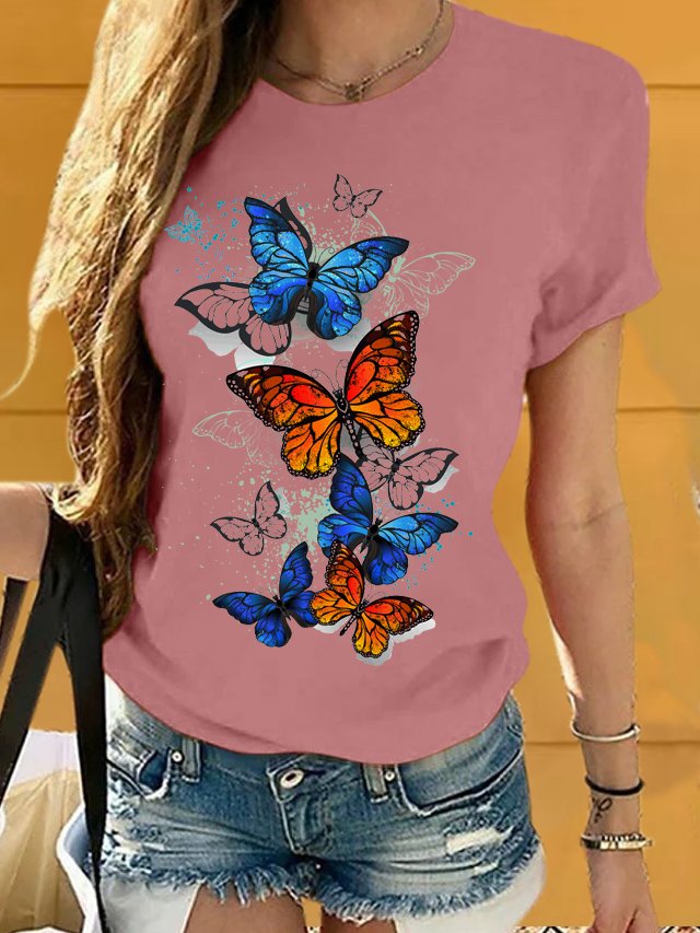 Women's Butterfly Print Cotton Casual Crew Neck T-Shirt