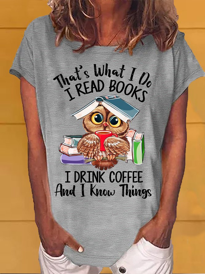 Women's Owl Coffe Book Funny Casual Letters T-Shirt