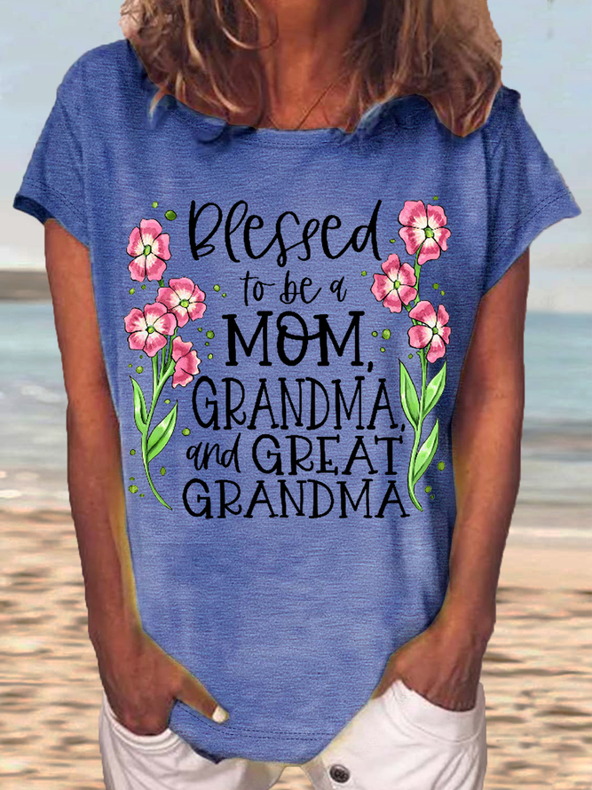 Women's Blessed to Be a Mom Grandma and Great Grandma Casual Crew Neck Letters T-Shirt