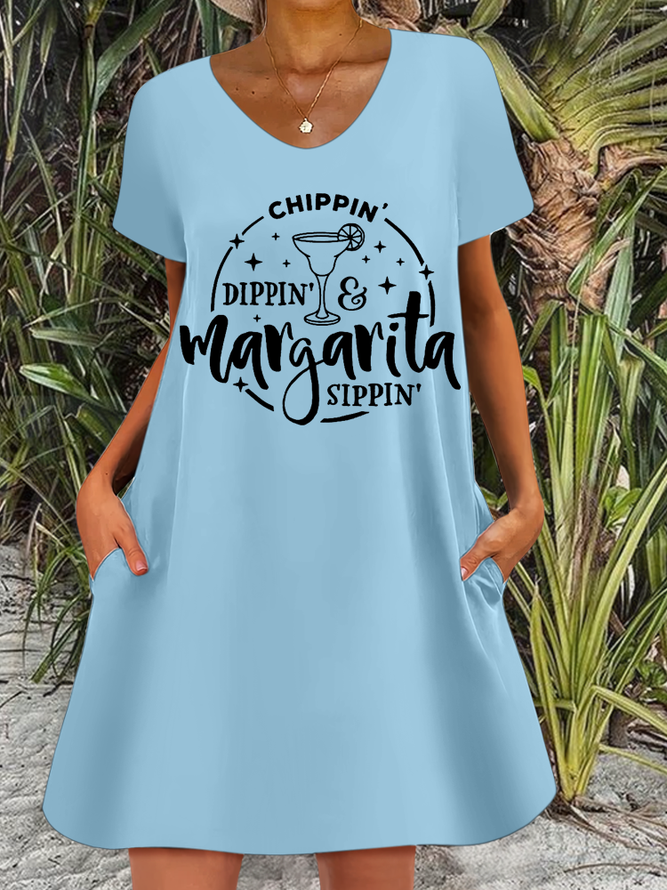 Women's Funny Drinking Chippin Dippin Margarita Sippin Casual Text Letters V Neck Dress