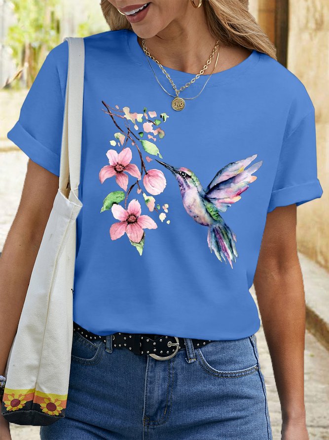 Women's Hummingbird Watercolor Nature Bird Lover Crew Neck Casual T-Shirt