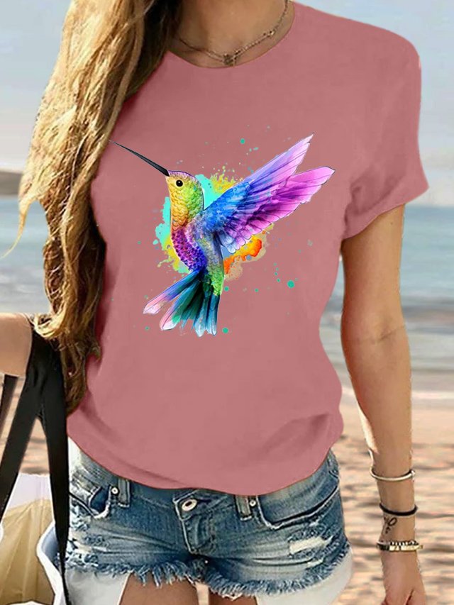 Women's Watercolor Hummingbird Bird Lover Crew Neck Casual Cotton T-Shirt