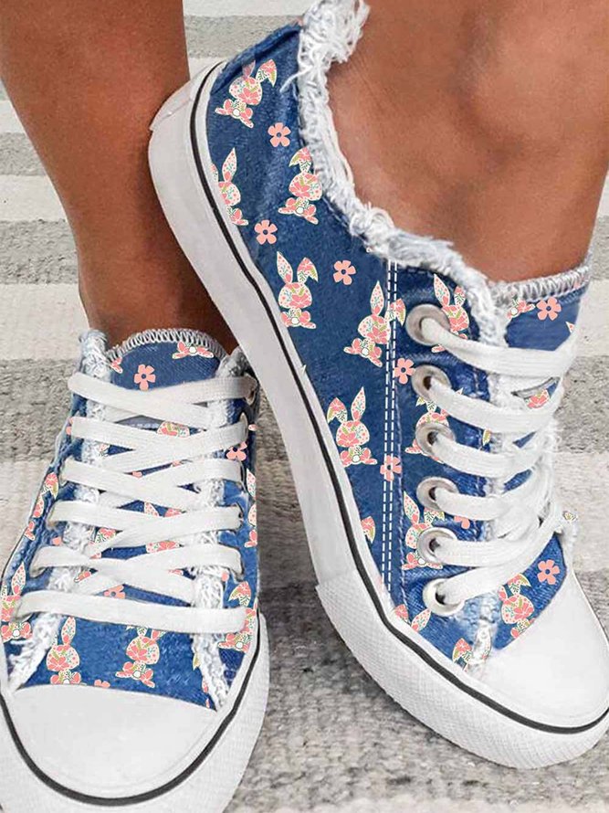 Easter Day Bunny Floral Print Casual Lace-Up Canvas Shoes