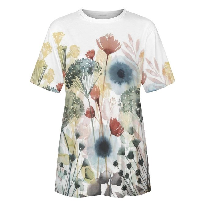 Women's Watercolor Flower Art print Casual T-Shirt