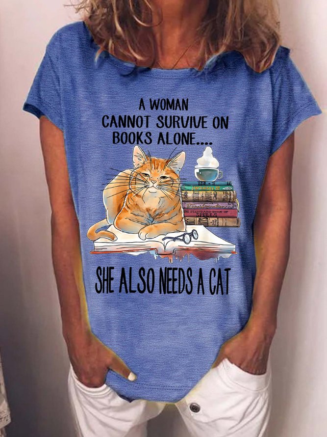 Women’s A Woman Cannot Survive On Books Alone She Also Needs A Cat Cotton America Flag Casual Loose T-Shirt