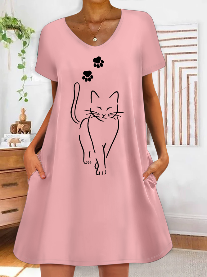 Women's Funny Cat V Neck Casual Dress