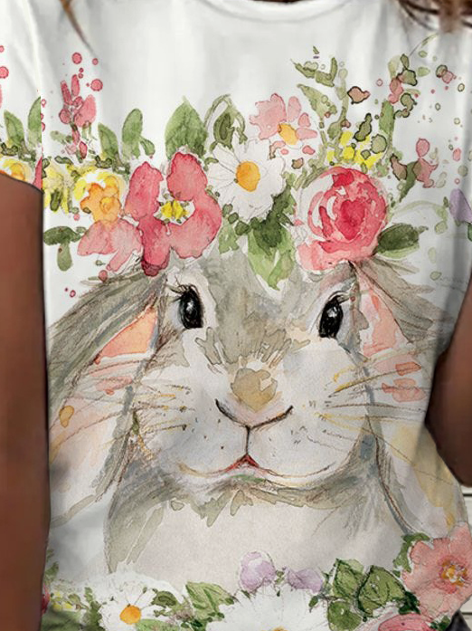Women's Floral Easter Rabbit Loose Simple Crew Neck T-Shirt