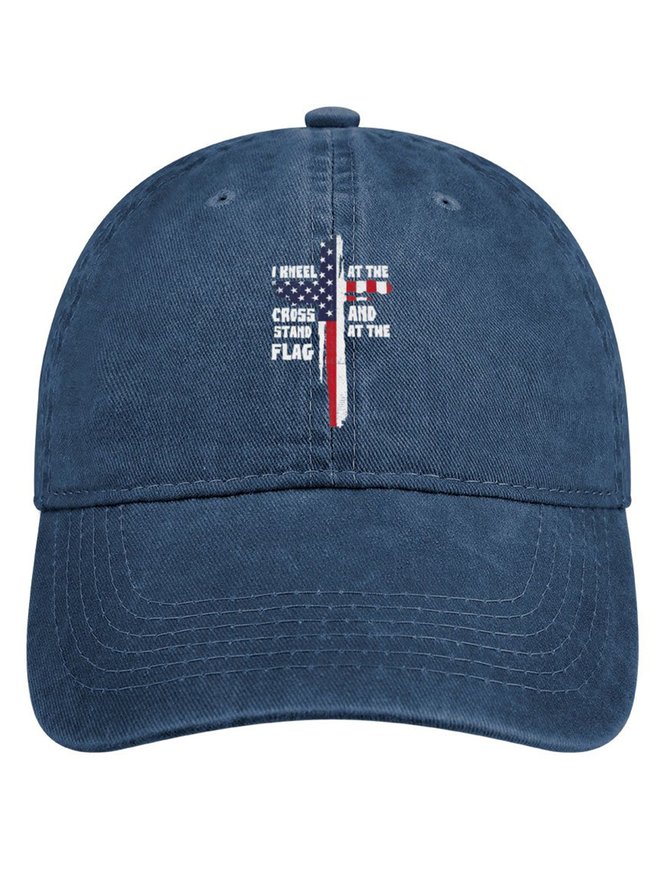 I Kneel At The Cross And Stand At The Flag Denim Hat