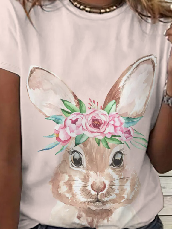 Women's Rabbit Loose Simple Crew Neck Easter T-Shirt