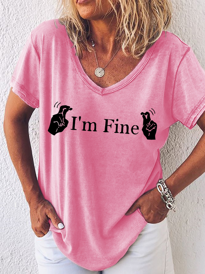Women‘s Funny I’m Fine Casual Text Letters Cotton T-Shirt