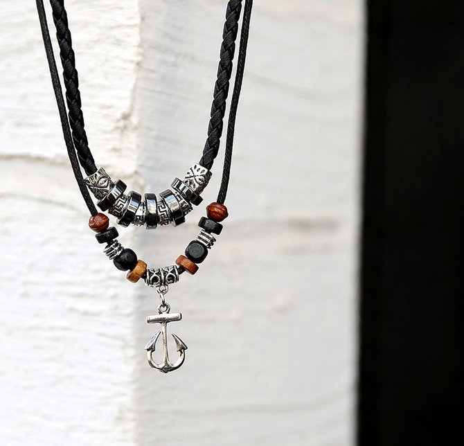 Anchor Graphic Leather And Woven Necklace