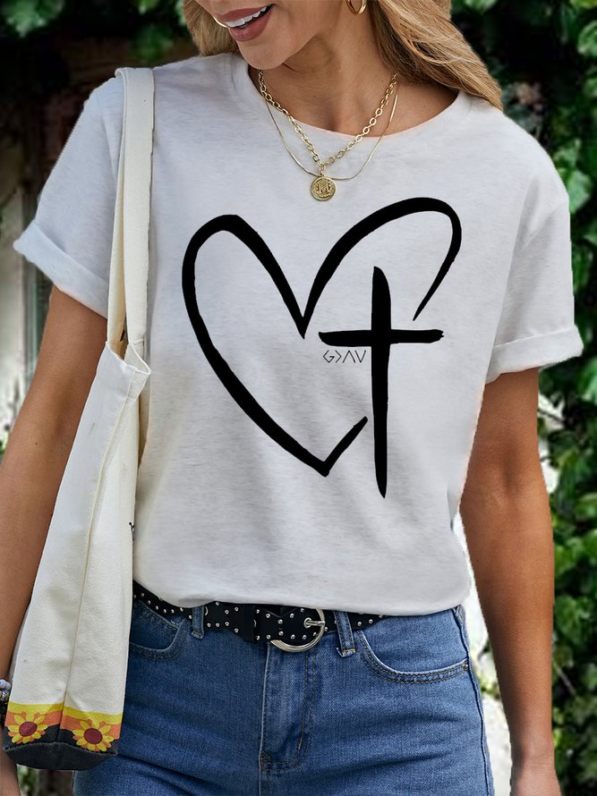 Women's Heart Cross Cotton Crew Neck Casual T-Shirt