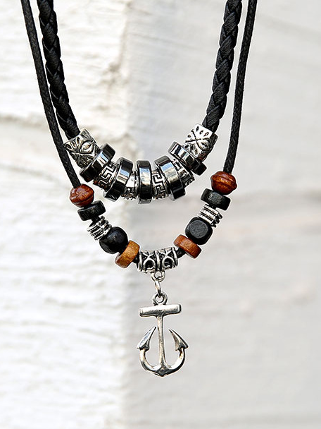 Anchor Graphic Leather And Woven Necklace