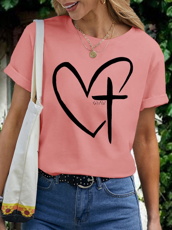 Women's Heart Cross Cotton Crew Neck Casual T-Shirt