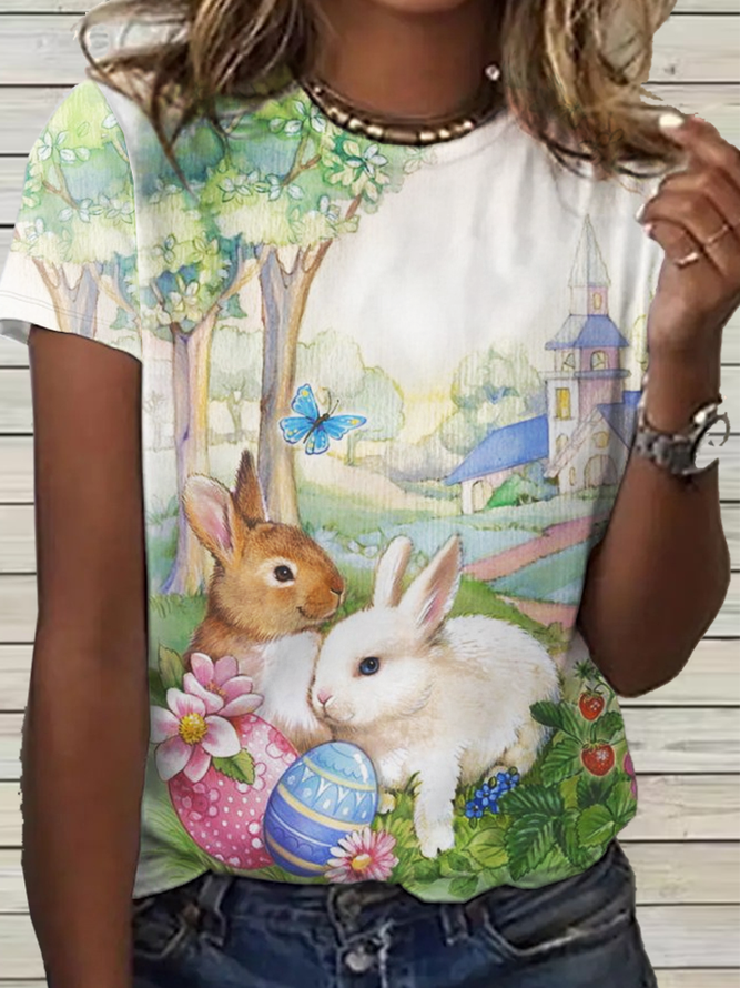 Women's Simple Easter Rabbit Crew Neck Loose T-Shirt