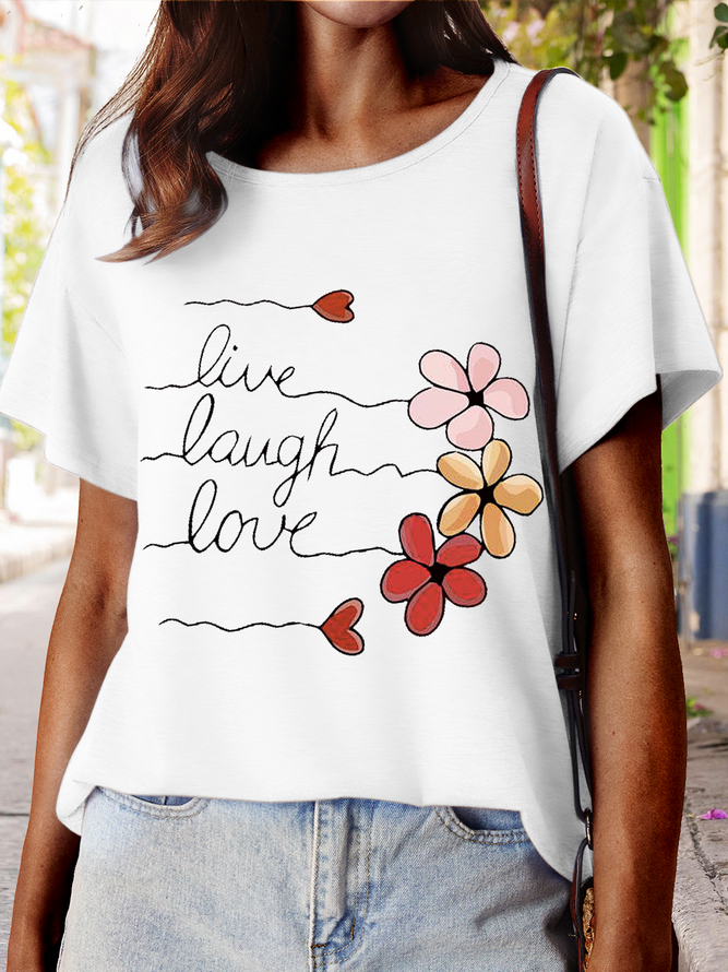 Women's Love Floral Print Casual Cotton T-Shirt