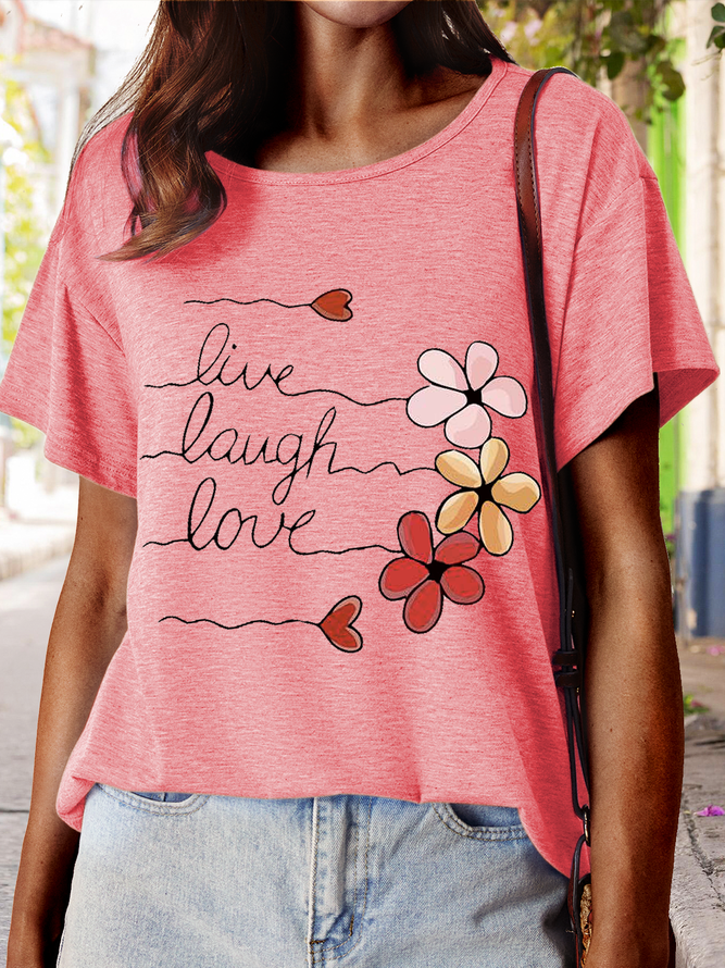 Women's Love Floral Print Casual Cotton T-Shirt