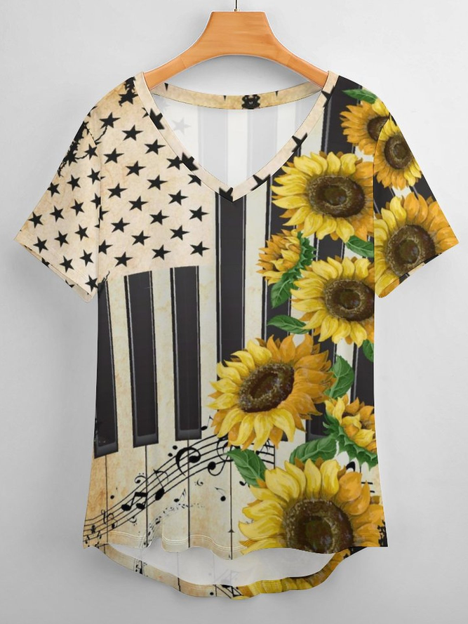 Women's Simple American Flag Sunflower Crew Neck T-Shirt