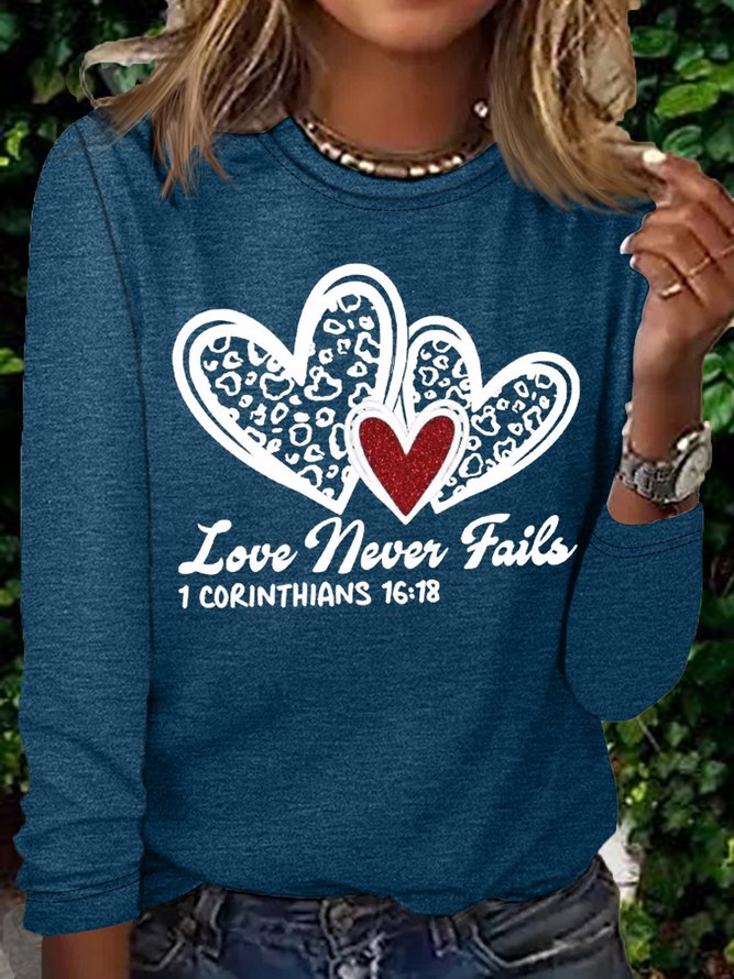 Women's Love Never Fails Leopard Heart Long Religious Love Sleeve Shirt