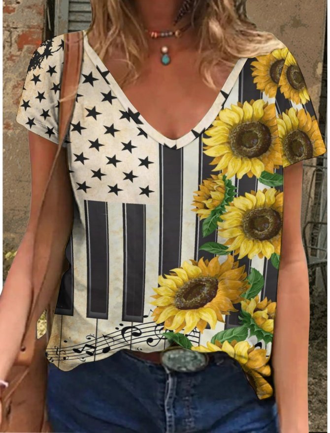 Women's Simple American Flag Sunflower Crew Neck T-Shirt